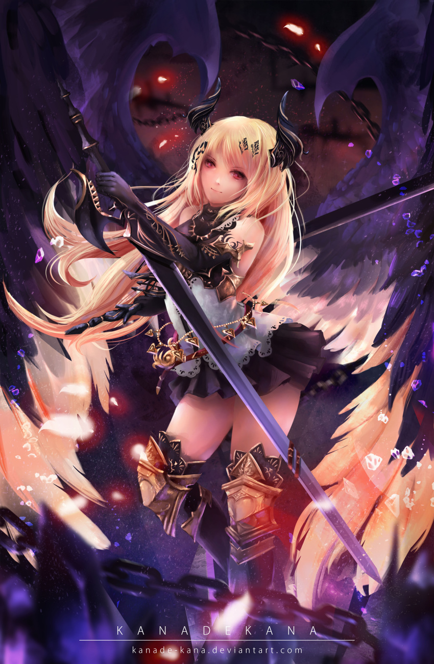 absurdres armored_boots artist_name bangs black_gloves black_skirt black_wings blonde_hair boots chain dark_angel_olivia dual_wielding elbow_gloves feathered_wings floating_hair gloves highres holding holding_sword holding_weapon horns kanade_kana long_hair looking_at_viewer miniskirt pleated_skirt red_eyes shingeki_no_bahamut skirt smile solo standing sword very_long_hair watermark weapon web_address wings