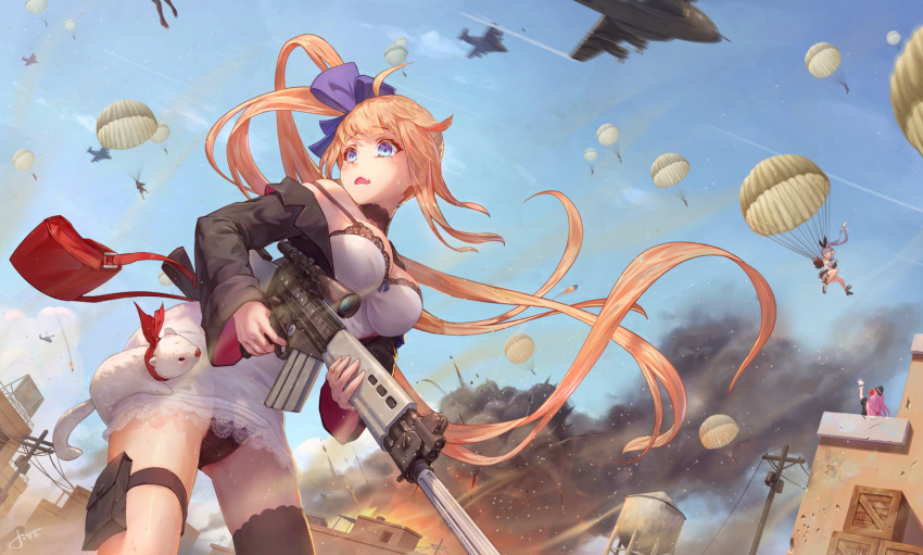 &gt;_&lt; ahoge aircraft animal bag bangs battle_rifle battlefield black_panties black_skirt blonde_hair blue_eyes bow box braid breasts choker commentary dress english_commentary explosion eyebrows_visible_through_hair fal_(girls_frontline) fire five-seven_(girls_frontline) flower fn_fal fnp-9_(girls_frontline) girls_frontline gloves gun hair_flower hair_ornament hair_ribbon handbag hat helicopter highres holding holding_gun holding_weapon jay_xu lace lace-trimmed_dress large_breasts long_hair military_hat motion_blur multiple_girls off_shoulder open_mouth panties parachute pink_hair ponytail reaching_out red_scarf ribbon rifle scarf scope side_ponytail silhouette silver_hair single_thighhigh skirt sky smoke sweat thigh_pouch thighhighs underwear very_long_hair water_tower weapon wind wind_lift