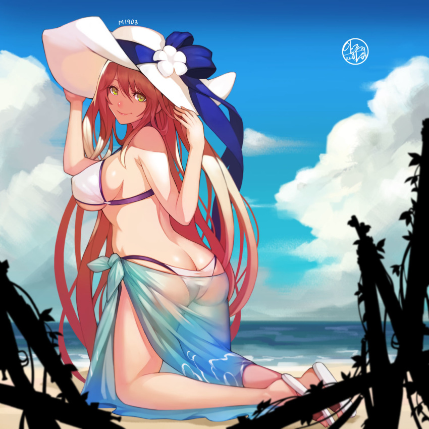 alternate_costume ass bangs bare_arms bare_shoulders beach bikini blue_sky blush breasts brown_hair butt_crack character_name cloud commentary crotch_seam day dspell english_commentary from_behind girls_frontline green_eyes hair_between_eyes hair_rings hands_on_headwear hat highres kneeling large_breasts long_hair looking_at_viewer looking_back m1903_springfield_(girls_frontline) ocean outdoors sandals sarong see-through sidelocks signature sky smile solo sun_hat swimsuit
