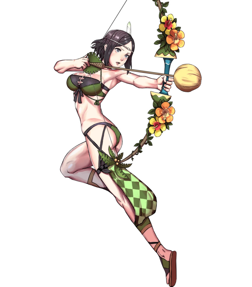 anatomical_nonsense armpits arrow ass bad_anatomy bangs bare_shoulders bikini black_hair bow_(weapon) breasts circlet cleavage feathers fire_emblem fire_emblem:_kakusei fire_emblem_heroes flower full_body grey_eyes hair_ornament hibiscus highres holding holding_bow_(weapon) holding_weapon large_breasts leg_up noire_(fire_emblem) non-web_source official_art open_mouth open_toe_shoes parted_bangs shiny shiny_hair shiny_skin short_hair sidelocks solo swimsuit thighs toshiyuki_kusakihara transparent_background twisted_torso weapon