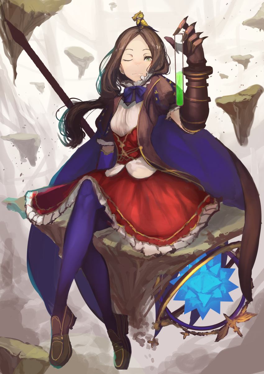 absurdres bangs blue_bow blue_cape blue_legwear blue_neckwear bow bowtie brown_footwear brown_hair cape closed_mouth corset fate/grand_order fate_(series) frilled_skirt frills full_body green_eyes highres holding leonardo_da_vinci_(fate/grand_order) loafers long_hair one_eye_closed pantyhose parted_bangs puffy_short_sleeves puffy_sleeves red_skirt shirt shoes short_sleeves sitting skirt solo staff star star_print ton_(artist) vial white_shirt