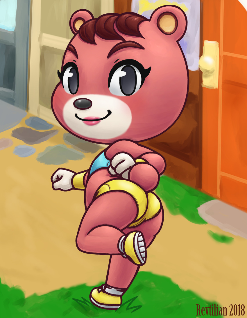 2018 absurd_res animal_crossing anthro bear big_thighs biped black_eyes black_nose blue_clothing blue_topwear bra butt butt_focus cheri_(animal_crossing) clothed clothing collaboration digital_drawing_(artwork) digital_media_(artwork) door eyelashes female fist flat_chested footwear full-length_portrait furgonomics gloves grass hi_res jogging lipstick looking_at_viewer looking_back makeup mammal midriff muzzle_(marking) nintendo on_one_leg outside portrait raised_leg rear_view red_body red_tail revtilian running shoes short_tail shorts slightly_chubby smile solo sports_bra sr standing sweatband tail_button_bottoms tail_clothing two_tone_body underwear video_games white_body yellow_bottomwear yellow_clothing