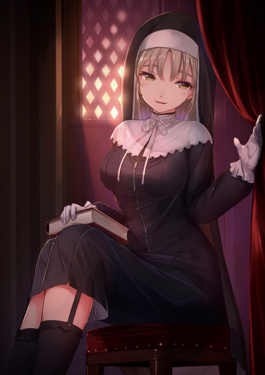 akasaai bangs book breasts chair church commentary_request confessional curtains garter_straps gloves habit highres indoors kneehighs large_breasts light_brown_hair long_hair looking_at_viewer nijisanji nun open_mouth sister_cleaire sitting solo virtual_youtuber white_gloves yellow_eyes