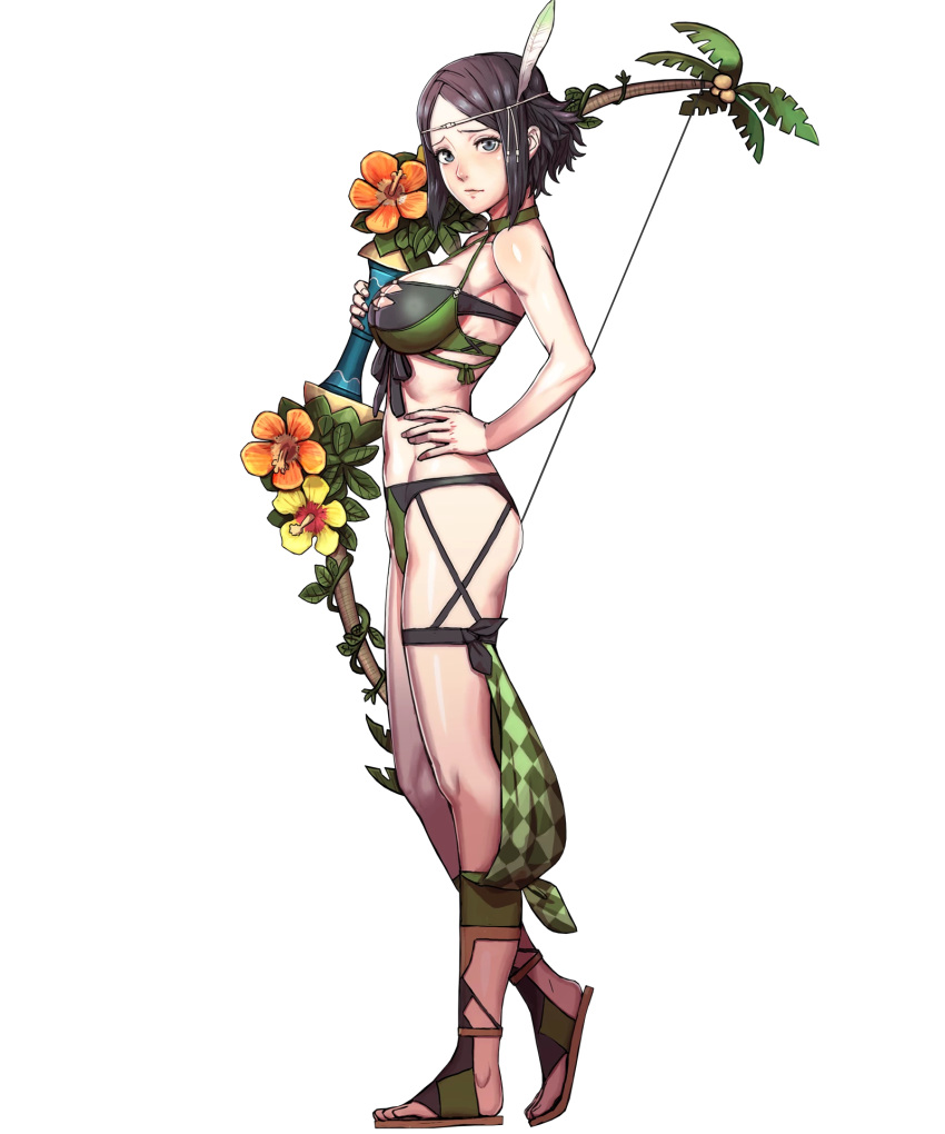 bangs bare_shoulders bikini black_hair bow_(weapon) breasts circlet closed_mouth feathers fire_emblem fire_emblem:_kakusei fire_emblem_heroes flower from_side full_body grey_eyes hair_ornament halterneck hand_on_hip hibiscus highres holding holding_bow_(weapon) holding_weapon large_breasts looking_at_viewer navel noire_(fire_emblem) non-web_source official_art open_toe_shoes parted_bangs shiny shiny_skin short_hair sidelocks solo standing swimsuit thigh_strap thighs toshiyuki_kusakihara transparent_background weapon