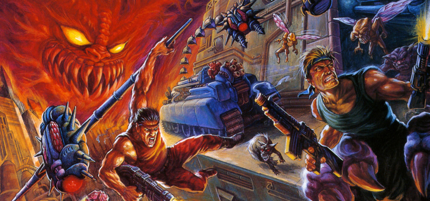 90s alien armor army assault_rifle attack bandana battle bill_rizer black_hair blonde_hair body_armor box_art building cannon captured cityscape claws clenched_teeth contra contra_iii_the_alien_wars cropped damaged dirty dog drill drone dutch_angle epic fangs firing flamethrower flying game_console gameplay_mechanics glowing glowing_eye glowing_eyes ground_vehicle gun hanging helmet highres insect_wings jaws lance_bean machinery manly mecha military military_vehicle missile_pod monster motor_vehicle multiple_boys muscle mutant official_art oldschool perspective promotional_art realistic red_eyes red_falcon_(contra) rifle robot rocket_launcher running scan science_fiction shouting size_difference smoke soldier spikes super_nintendo tank teeth tom_dubois traditional_media turret weapon wings