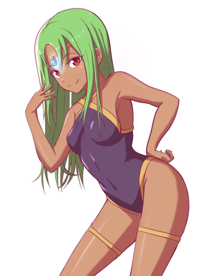 armpits casual_one-piece_swimsuit circlet covered_nipples dark_skin forehead_jewel green_hair hand_on_hip hand_to_own_mouth highres leaning_forward long_hair manno_(kanpi2100) one-piece_swimsuit original red_eyes smile solo swimsuit thigh_strap