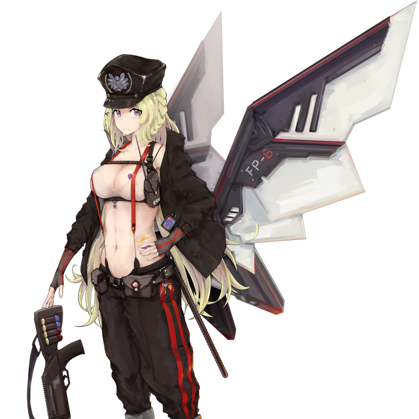 abs absurdres armor artist_name bandaid bandaids_on_nipples belt belt_pouch black_jacket black_legwear braid breasts character_name cleavage commentary_request crop_top dodo_(yatotoyatoto) exoskeleton expressionless fp-6 fp-6_(girls_frontline) girls_frontline gloves green_hair gun hair_ornament hairclip hand_on_hip hat highres jacket key large_breasts long_hair looking_at_viewer machinery military military_hat military_police military_uniform mole mole_on_breast navel open_clothes open_jacket pants partly_fingerless_gloves pasties peaked_cap pouch purple_eyes see-through shield shotgun shotgun_shells shotgun_speed_loader sidelocks simple_background solo star stomach striped striped_pants suspenders uniform very_long_hair walkie-talkie weapon