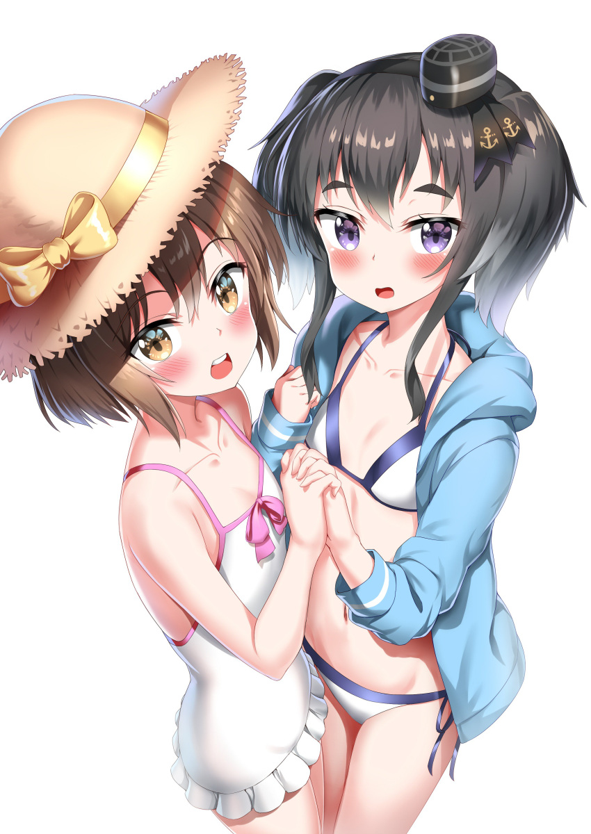 absurdres bikini bikini_under_clothes black_hair blue_hoodie blush bow brown_hair collarbone eyebrows_visible_through_hair flat_chest hair_between_eyes hat highres holding_hands kantai_collection looking_at_viewer multiple_girls navel nedia_(nedia_region) one-piece_swimsuit open_mouth pink_bow purple_eyes short_hair side-tie_bikini sidelocks simple_background smile sun_hat swimsuit swimsuit_under_clothes tokitsukaze_(kantai_collection) white_background white_bikini white_swimsuit yukikaze_(kantai_collection)