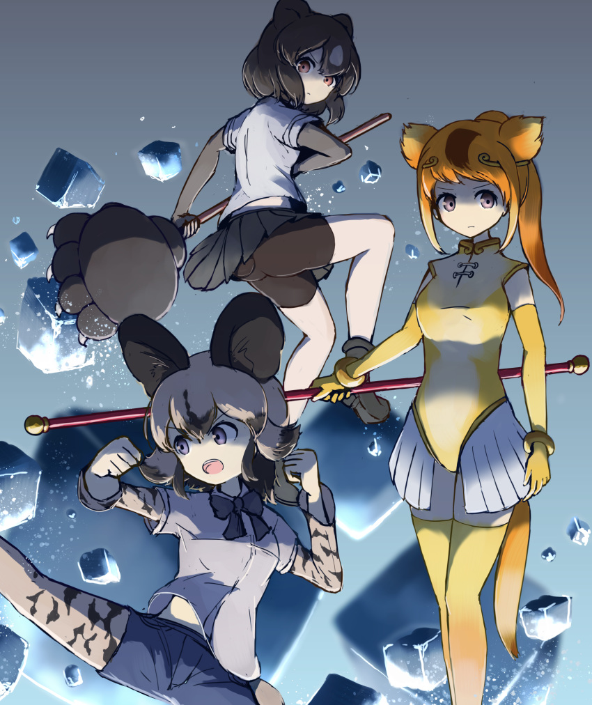 :o african_wild_dog_(kemono_friends) animal_ears ankle_boots ass bangs bear_ears bear_girl bear_paw_hammer bear_tail bike_shorts black_gloves black_hair black_neckwear black_shorts black_skirt blue_background blue_shorts boots bow bowtie breasts brown_bear_(kemono_friends) circlet clenched_hands closed_mouth collared_shirt commentary_request denim denim_shorts dog_ears dog_girl dog_tail elbow_gloves fingerless_gloves frown gloves golden_snub-nosed_monkey_(kemono_friends) gradient gradient_background gradient_hair grey_legwear hair_between_eyes high_collar high_ponytail highleg highleg_leotard highres holding holding_staff kemono_friends kicking large_breasts layered_sleeves leotard long_hair long_sleeves looking_at_viewer looking_to_the_side medium_breasts miniskirt monkey_ears monkey_girl monkey_tail multicolored_hair multiple_girls no_nose open_mouth orange_hair pantyhose pantyhose_under_shorts parted_bangs pleated_skirt ponytail purple_eyes serious shirt short_hair short_sleeves shorts shorts_under_skirt simple_background skirt staff standing standing_on_one_leg streaked_hair suginakara_(user_ehfp8355 swept_bangs tail thighhighs two-tone_hair underlighting v-shaped_eyebrows white_hair white_shirt white_skirt wing_collar yellow_gloves yellow_legwear yellow_leotard