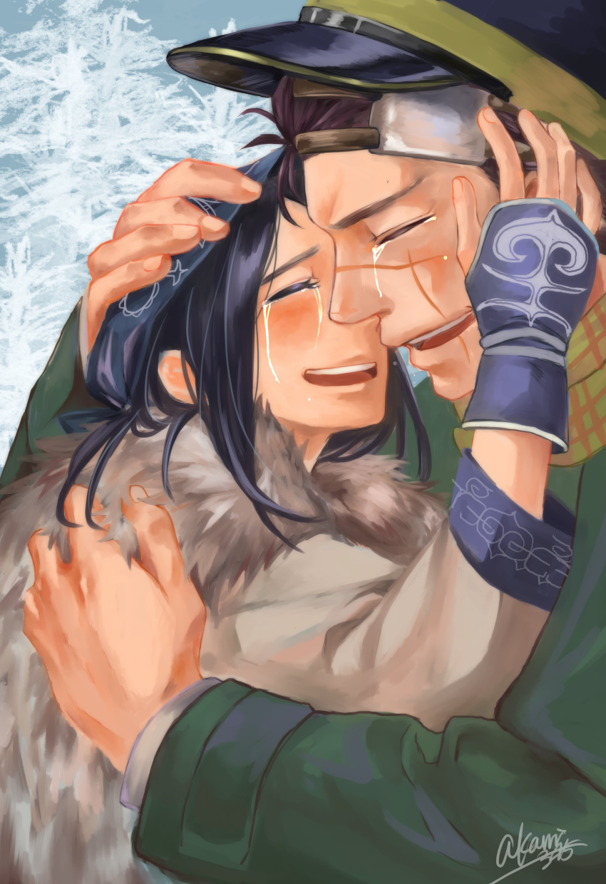 1girl absurdres ainu ainu_clothes akariri345 artist_name asirpa bandana black_hair brown_hair cape closed_eyes crying face-to-face facial_scar fingerless_gloves fur_cape gloves golden_kamuy hand_on_another's_face hand_on_another's_head happy_tears hat highres hug long_hair military_hat open_mouth profile scar scarf short_hair signature smile sugimoto_saichi tears tree