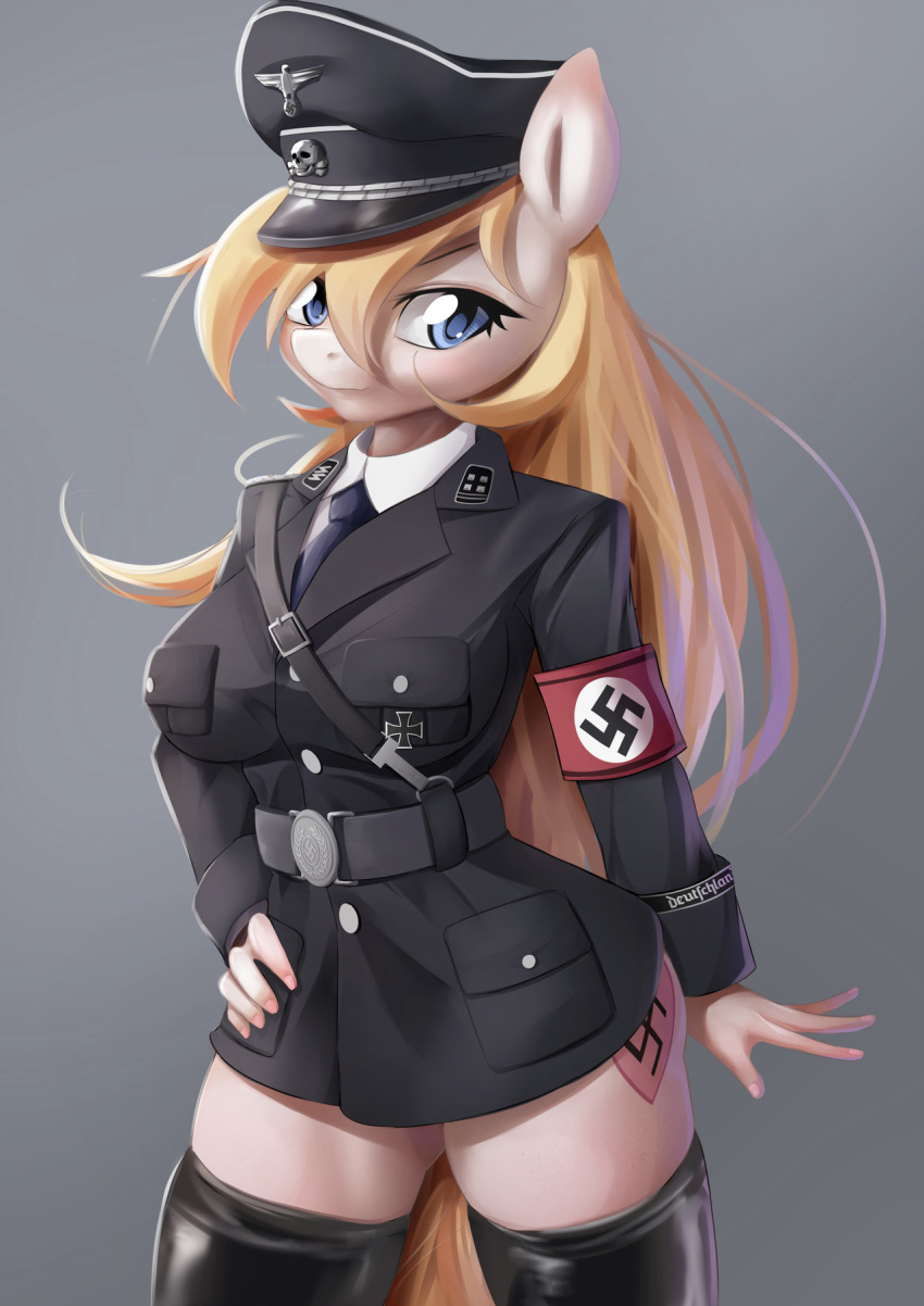 absolute_territory anthro armband aryanne aryanne_(character) belt better_version_at_source blonde_hair blue_eyes boots breasts clothed clothing cutie_mark equine fan_character female footwear grey_background hair hand_on_hip hat horse iron_cross legwear long_hair mammal my_little_pony nazi pale_skin pony pose racism schutzstaffel simple_background skull solo ss swastika thigh_highs totenkopf uniform