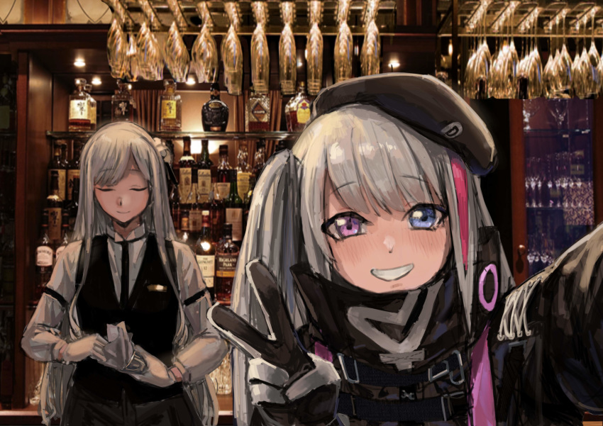 absurdres ak-12_(girls_frontline) alcohol alternate_costume bangs bartender beret black_gloves black_hat black_jacket black_vest blue_eyes closed_eyes closed_mouth collared_shirt cup dress_shirt drinking_glass eyebrows_visible_through_hair formal girls_frontline gloves grey_hair grin hat heterochromia highres jacket kuro_(zhurunbo1997) long_hair long_sleeves mdr_(girls_frontline) multicolored_hair multiple_girls necktie one_side_up open_mouth pants photo_background pink_eyes pink_hair reflective_eyes self_shot shirt side_ponytail sidelocks silver_hair smile strap streaked_hair tactical_clothes upper_body v very_long_hair vest white_gloves white_shirt