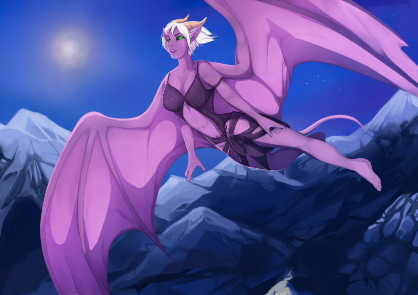 2018 barefoot breasts clothed clothing detailed_background digital_media_(artwork) female flying hair horn humanoid lycangel membranous_wings mountain navel night not_furry outside pink_skin smile solo succubus white_hair wings