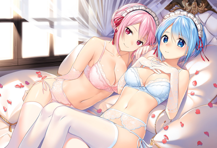 2girls aqua_eyes aqua_hair bed blush bra breasts cleavage elbow_gloves garter_belt gloves headdress jpeg_artifacts mochiko_(mochiko3121) navel original panties petals pink_hair red_eyes ribbons short_hair stockings thighhighs underwear