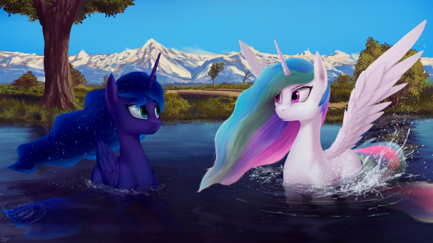 16:9 2018 detailed_background digital_media_(artwork) duo equine eye_contact feathered_wings feathers female feral friendship_is_magic hair hi_res horn long_hair mammal mountain multicolored_hair my_little_pony outside partially_submerged princess_celestia_(mlp) princess_luna_(mlp) quvr tree wallpaper water white_feathers winged_unicorn wings