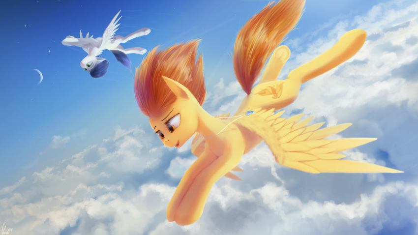 2018 cloud cutie_mark duo equine feathered_wings feathers female feral flying friendship_is_magic hair hi_res hooves mammal my_little_pony outside pegasus quvr spitfire_(mlp) underhoof wallpaper wings wonderbolts_(mlp)