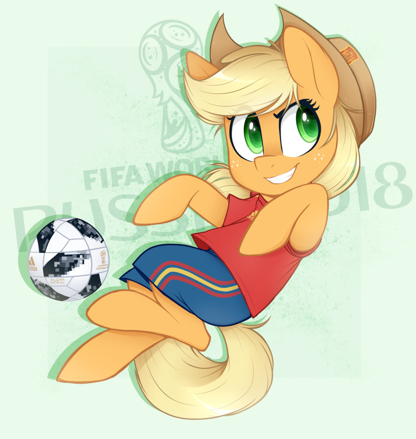 2018 applejack_(mlp) ball blonde_hair clothed clothed_feral clothing cowboy_hat earth_pony equine eyelashes female feral freckles friendship_is_magic green_eyes hair hat hi_res higglytownhero hooves horse mammal my_little_pony pony smile soccer_ball solo