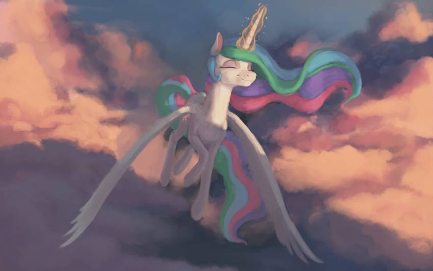 2018 cloud cloudscape cute cutie_mark equine eyelashes eyes_closed feathered_wings feathers female feral flying friendship_is_magic glowing_horn hair hi_res hooves horn long_hair magic mammal multicolored_hair my_little_pony nude outside portrait princess_celestia_(mlp) rainbow_hair sky smile solo starblaze25 white_feathers winged_unicorn wings