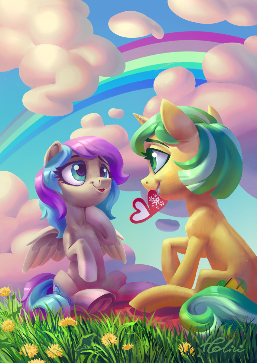 &lt;3 2018 absurd_res blue_hair card cloud cute cutie_mark duo equine eyebrows eyelashes fan_character feathered_wings feathers female female/female feral flower grass green_eyes green_hair grin hair hi_res holidays holivi hooves horn love mammal mouth_hold multicolored_hair my_little_pony nude open_mouth open_smile outside pegasus plant purple_hair rainbow short_hair signature sitting sky smile teal_eyes teeth two_tone_hair underhoof unicorn white_feathers wings
