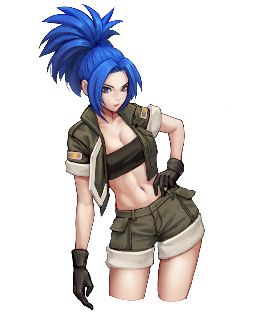 absurdres blue_eyes blue_hair breasts cleavage closed_mouth commentary ears_visible_through_hair english_commentary gloves green_gloves hand_on_hip highres jungon_kim leona_heidern long_hair looking_at_viewer navel short_sleeves shorts solo the_king_of_fighters thighs