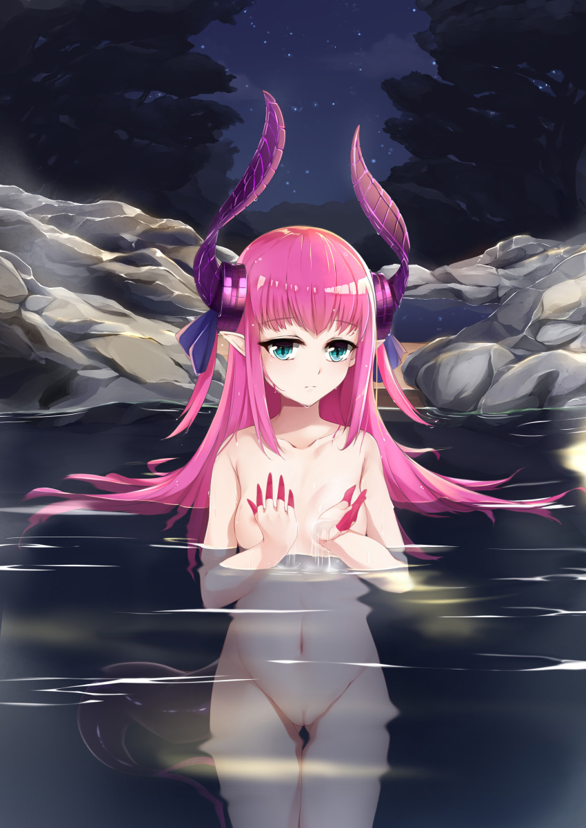 absurdres blue_eyes breasts c_(pixiv3064042) censored chinese_commentary collarbone commentary_request cowboy_shot curled_horns dragon_girl dragon_horns dragon_tail elizabeth_bathory_(fate)_(all) expressionless fate_(series) hands_up highres horns long_hair looking_at_viewer mosaic_censoring navel night night_sky nipples nude onsen outdoors partial_commentary partially_submerged pink_hair pussy sky small_breasts solo star_(sky) starry_sky tail thigh_gap wading water