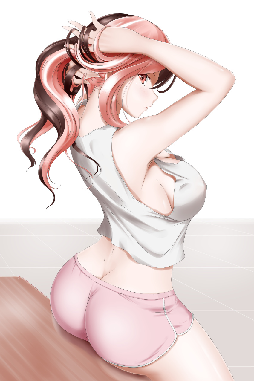 1girl adjusting_hair alfred_cullado arms_behind_head arms_up ass bare_shoulders belt blush breasts brown_hair butt_crack cleavage from_behind hands_in_hair jewelry large_breasts lips long_hair looking_at_viewer looking_back multicolored_hair necklace neo_(rwby) no_bra parted_lips patreon_reward pink_eyes pink_hair rwby shiny shiny_hair shiny_skin shirt shorts sitting solo transparent_background two-tone_hair white_hair