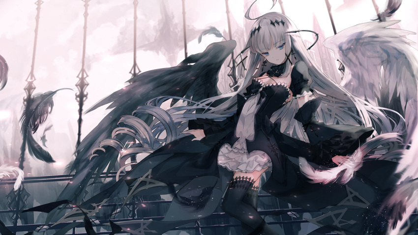 ahoge bangs black_dress black_legwear blue_eyes cierra_(ra-bit) closed_mouth commentary_request contrapposto dress feathers latin_cross long_hair looking_at_viewer original solo standing thighhighs white_dress wings