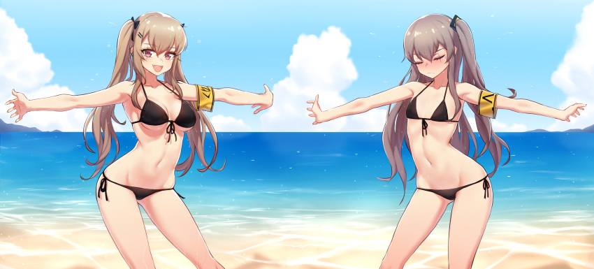 absurdres armband ass_visible_through_thighs bangs beach bikini black_bikini blue_sky bow breasts brown_hair cleavage closed_eyes closed_mouth cloud collared_vest commentary_request contrapposto day embarrassed eyebrows_visible_through_hair front-tie_bikini front-tie_top girls_frontline hair_bow highres horizon large_breasts long_hair looking_at_viewer multiple_girls narynn navel ocean open_mouth outdoors outstretched_arms outstretched_hand purple_eyes scar scar_across_eye short_hair side-tie_bikini side-tie_bottom side_ponytail sidelocks sky small_breasts smile standing strap_gap string_bikini swimsuit twintails ump45_(girls_frontline) ump9_(girls_frontline) very_short_hair water wet wet_hair
