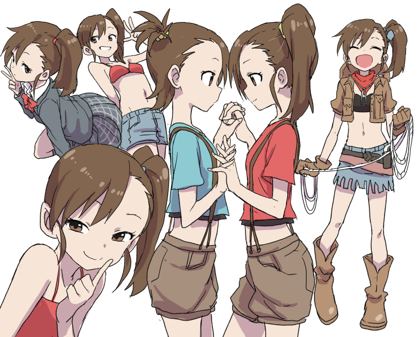 :d bandana belt blue_shirt boots bow bowtie bra breasts brown_footwear closed_mouth cowboy_boots cowboy_hat denim denim_shorts eye_contact futami_ami futami_mami grey_jacket grey_shorts grey_skirt hat highres idolmaster idolmaster_(classic) index_finger_raised interlocked_fingers jacket kneeling looking_at_another multiple_girls navel one_side_up open_mouth profile red_bra red_neckwear red_shirt school_uniform shirt short_hair shorts siblings simple_background skirt small_breasts smile suspender_shorts suspenders twins underwear w white_background yamamoto_souichirou
