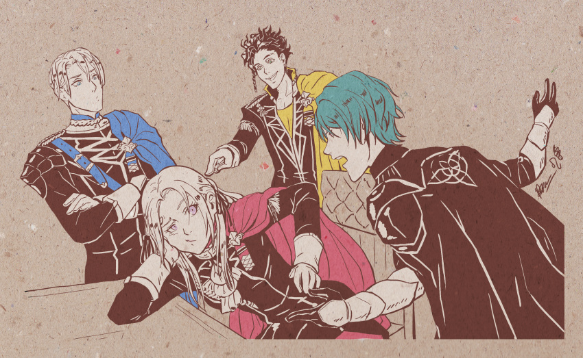 3boys annoyed arm_rest black_gloves blue_cape blue_eyes braid cape claude_von_regan_(fire_emblem) crossed_arms dimitri_alexandre_bladud_(fire_emblem) edelgard_von_hresvelgr_(fire_emblem) fire_emblem fire_emblem:_fuukasetsugetsu gloves green_cape green_eyes highres long_hair looking_at_another meibatsu multiple_boys on_table pink_cape pink_eyes pointing pout purple_eyes signature simple_background single_braid spot_color table tan_background uniform white_gloves yellow_cape
