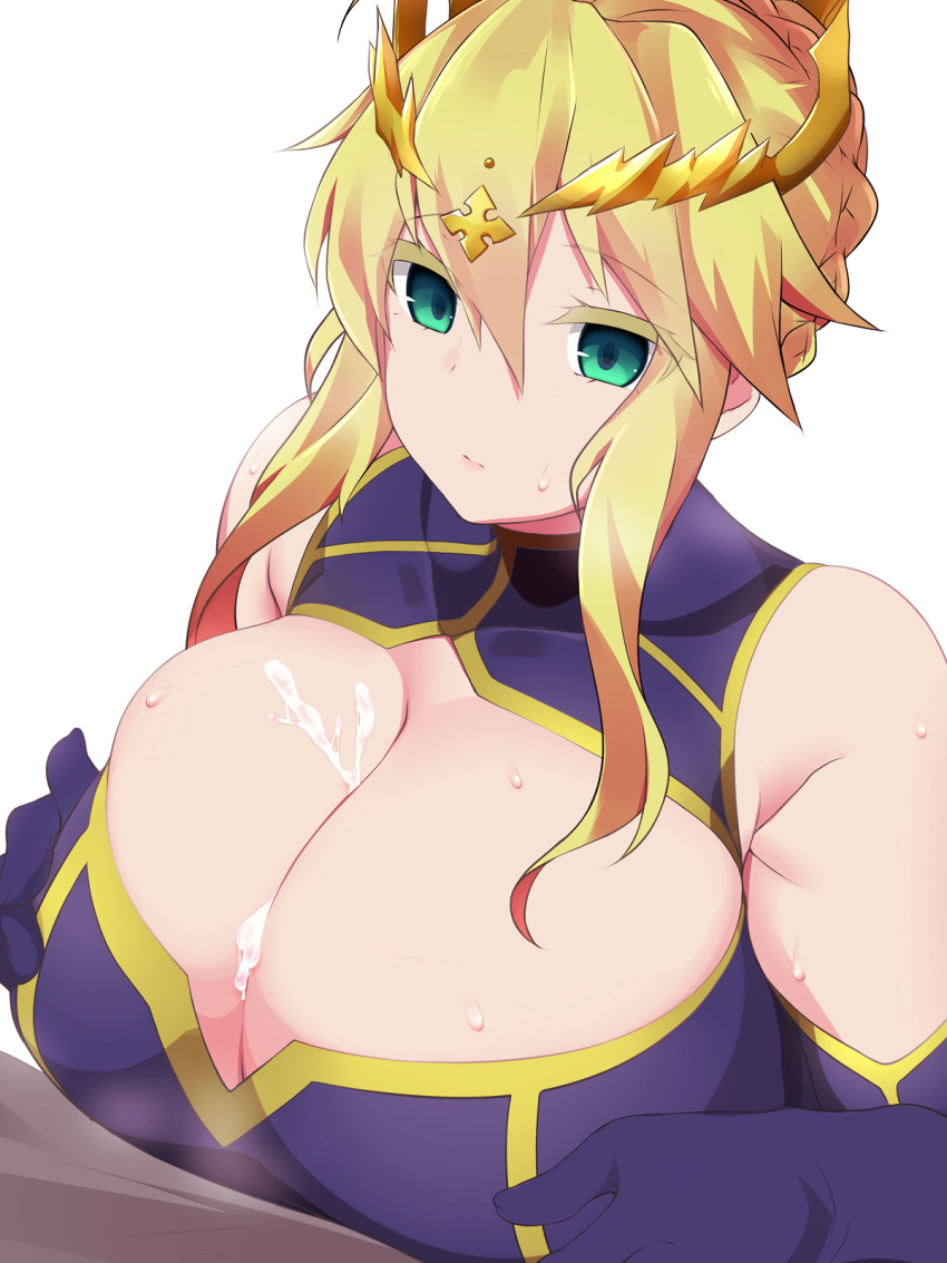 1girl ahoge artoria_pendragon_(all) artoria_pendragon_(lancer) bare_shoulders blue_gloves braid breasts cleavage crown cum cum_on_body cum_on_breasts cum_on_upper_body elbow_gloves empty_pool eyebrows_visible_through_hair eyelashes fate/grand_order fate_(series) french_braid gloves hair_between_eyes hetero highres huge_breasts kuro_mushi paizuri paizuri_under_clothes sidelocks simple_background solo_focus sweat white_background