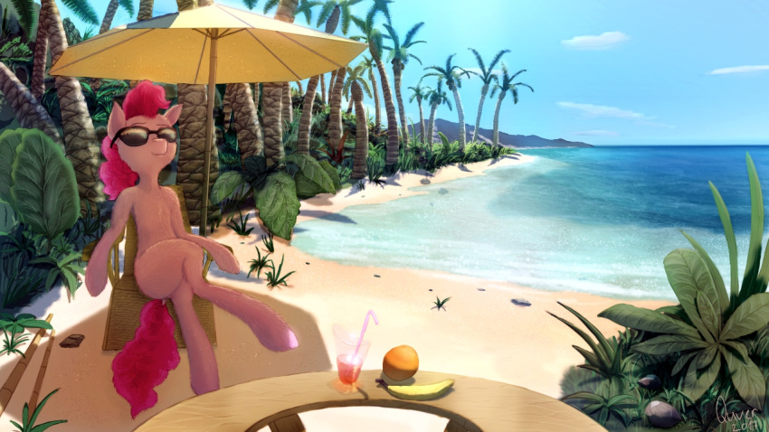 2017 banana beach beverage cloud day detailed_background digital_media_(artwork) earth_pony equine eyewear female feral food friendship_is_magic fruit hair horse mammal my_little_pony outside pink_hair pinkie_pie_(mlp) pony quvr seaside solo sunglasses
