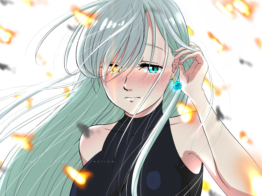 adjusting_hair ameilysoleil bangs bare_shoulders blue_earrings blue_eyes blush breasts cleavage closed_mouth collarbone commentary elizabeth_liones grey_hair hair_over_one_eye heterochromia highres jewelry large_breasts long_hair nanatsu_no_taizai nose_blush single_earring tears yellow_eyes