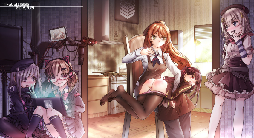 absurdres angry apron arm_warmers artist_name bangs beret black_gloves black_hat blonde_hair blue_eyes blush braid breasts brown_hair burnt_food camera chair chinese_commentary commentary_request computer dated eyebrows_visible_through_hair fireball_666 fmg-9_(girls_frontline) fn_fnc_(girls_frontline) girls_frontline glasses gloves green_eyes grey_hair hair_between_eyes hair_ornament hair_ribbon hairclip half_updo hat headphones highres jacket kitchen laptop large_breasts layered_skirt logo long_hair long_sleeves m1903_springfield_(girls_frontline) mdr_(girls_frontline) multiple_girls no_shoes one_side_up pants_down pantyhose pink_eyes punishment purple_hair red-framed_eyewear red_eyes red_ribbon ribbon screen shirt side_ponytail sidelocks sitting skirt smoke socks spanked spanking spill stove sunlight tile_floor tiles wa2000_(girls_frontline) wallpaper_(object) white_shirt window