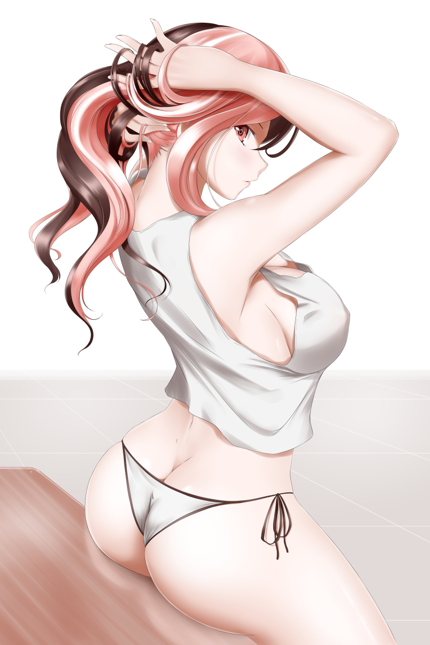 1girl adjusting_hair alfred_cullado arms_behind_head arms_up ass bare_shoulders belt blush breasts brown_hair butt_crack cleavage from_behind hands_in_hair jewelry large_breasts lips long_hair looking_at_viewer looking_back multicolored_hair necklace neo_(rwby) no_bra panties parted_lips patreon_reward pink_eyes pink_hair rwby shiny shiny_hair shiny_skin shirt sitting solo transparent_background two-tone_hair white_hair