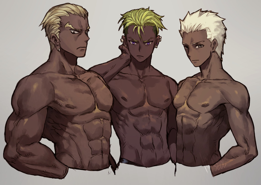 abs archer blonde_hair chest closed_mouth cropped_torso crossover dark_skin dark_skinned_male earlobes earrings eyebrows fate/stay_night fate_(series) gamagoori_ira green_hair grey_background hair_slicked_back hands_in_pockets highres jewelry kill_la_kill king_of_prism_by_prettyrhythm leeis_cool looking_at_viewer male_focus multiple_boys multiple_crossover muscle nipples pretty_rhythm purple_eyes shirtless simple_background toned toned_male trait_connection undercut white_hair yamato_alexander