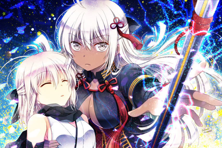 ahoge arm_guards black_bow black_scarf bow breasts cleavage commentary_request dark_skin dual_persona fate/grand_order fate_(series) hair_between_eyes hair_bow hair_ornament japanese_clothes kimono large_breasts long_hair looking_at_viewer multiple_girls okita_souji_(alter)_(fate) okita_souji_(fate) okita_souji_(fate)_(all) sakura_tsubame sash scarf short_kimono sleeveless sleeveless_kimono tied_hair very_long_hair weapon white_hair white_kimono yellow_eyes