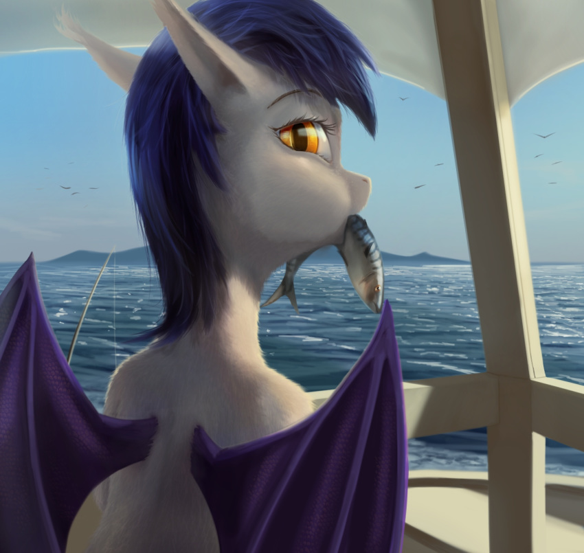 2018 bat_pony detailed_background digital_media_(artwork) equine fan_character female feral fish fur hair hi_res looking_at_viewer mammal marine my_little_pony outside quvr water wings