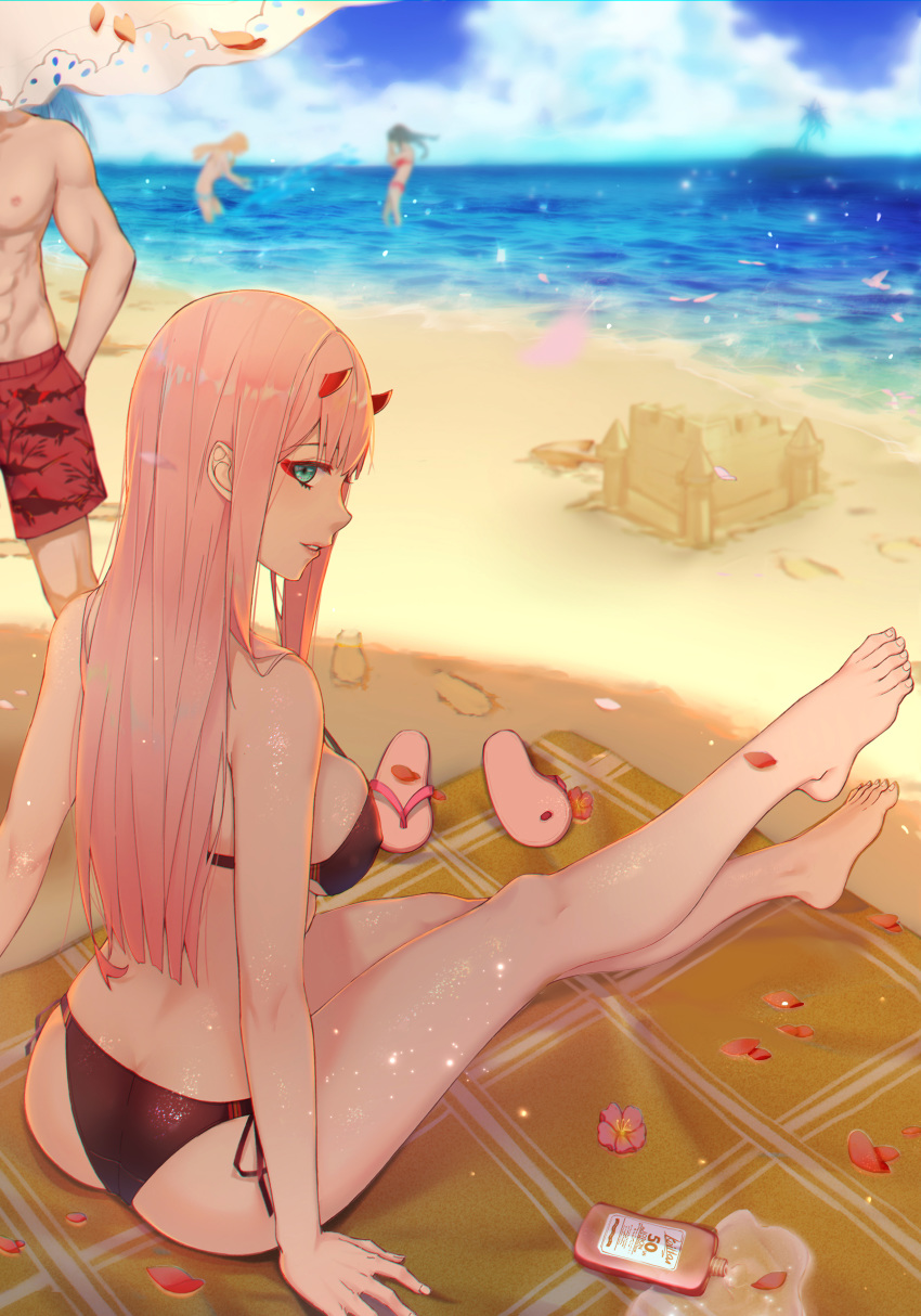 3girls absurdres aqua_eyes ass bare_legs bare_shoulders barefoot beach bikini black_bikini blue_sky breasts cleavage cloud commentary_request darling_in_the_franxx day flower full_body highres hiro_(darling_in_the_franxx) horns koi_han long_hair looking_at_viewer looking_back lotion lotion_bottle male_swimwear medium_breasts multiple_girls ocean outdoors parted_lips petals sand sand_castle sand_sculpture side-tie_bikini sideboob sitting sky slippers solo_focus swim_trunks swimsuit swimwear zero_two_(darling_in_the_franxx)