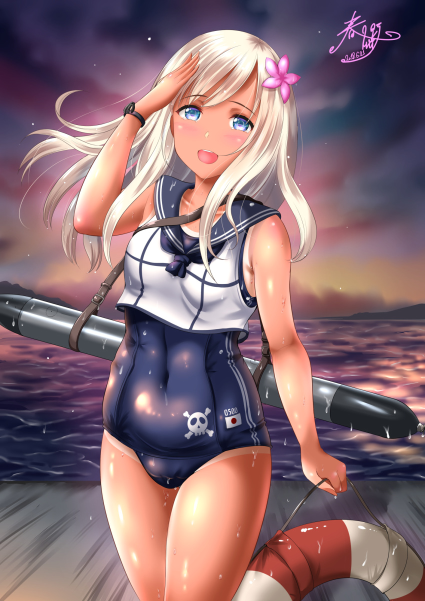 bangs blonde_hair blue_eyes blush bracelet breasts collarbone commentary_request covered_navel cowboy_shot crop_top dated evening eyebrows_visible_through_hair flower hair_between_eyes hair_flower hair_ornament highres holding japanese_flag jewelry kantai_collection kasugano_tobari lifebuoy long_hair looking_at_viewer one-piece_swimsuit one-piece_tan open_mouth ro-500_(kantai_collection) sailor_collar salute school_swimsuit school_uniform serafuku sidelocks signature skull_and_crossbones small_breasts smile solo swimsuit swimsuit_under_clothes tan tanline tearing_up torpedo wet wristband