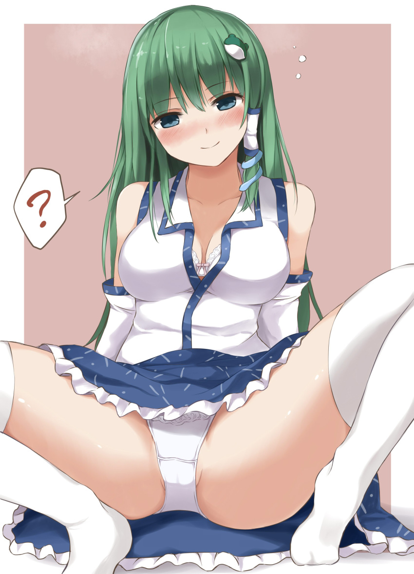 ? absurdres bare_shoulders blue_eyes blue_skirt blush border bra breasts brown_background cleavage collarbone commentary detached_sleeves eyebrows_visible_through_hair frog_hair_ornament green_hair hair_ornament hair_tubes head_tilt highres kochiya_sanae large_breasts looking_at_viewer no_shoes outside_border panties pantyshot pantyshot_(sitting) petticoat shirt simple_background sitting skirt smile snake_hair_ornament solo spoken_question_mark spread_legs techi_(techi35499) thighhighs thighs touhou underwear white_border white_bra white_legwear white_panties white_shirt