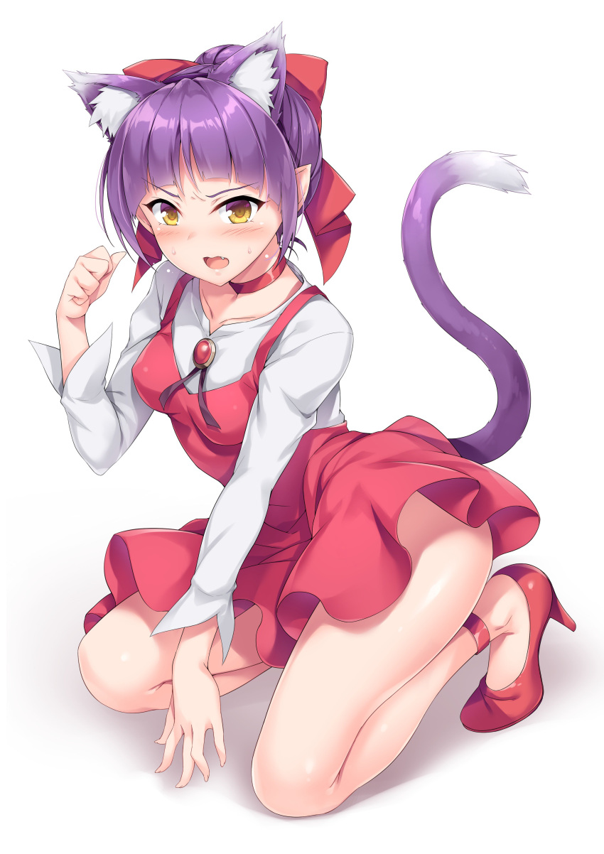 absurdres akizora_momiji animal_ears bangs bow cat_ears cat_girl cat_tail choker commentary_request dress gegege_no_kitarou gem hair_bow hair_bun highres long_sleeves looking_at_viewer nekomusume nekomusume_(gegege_no_kitarou_6) pinafore_dress pointy_ears purple_hair red_bow red_choker red_dress red_footwear shirt solo tail white_shirt yellow_eyes