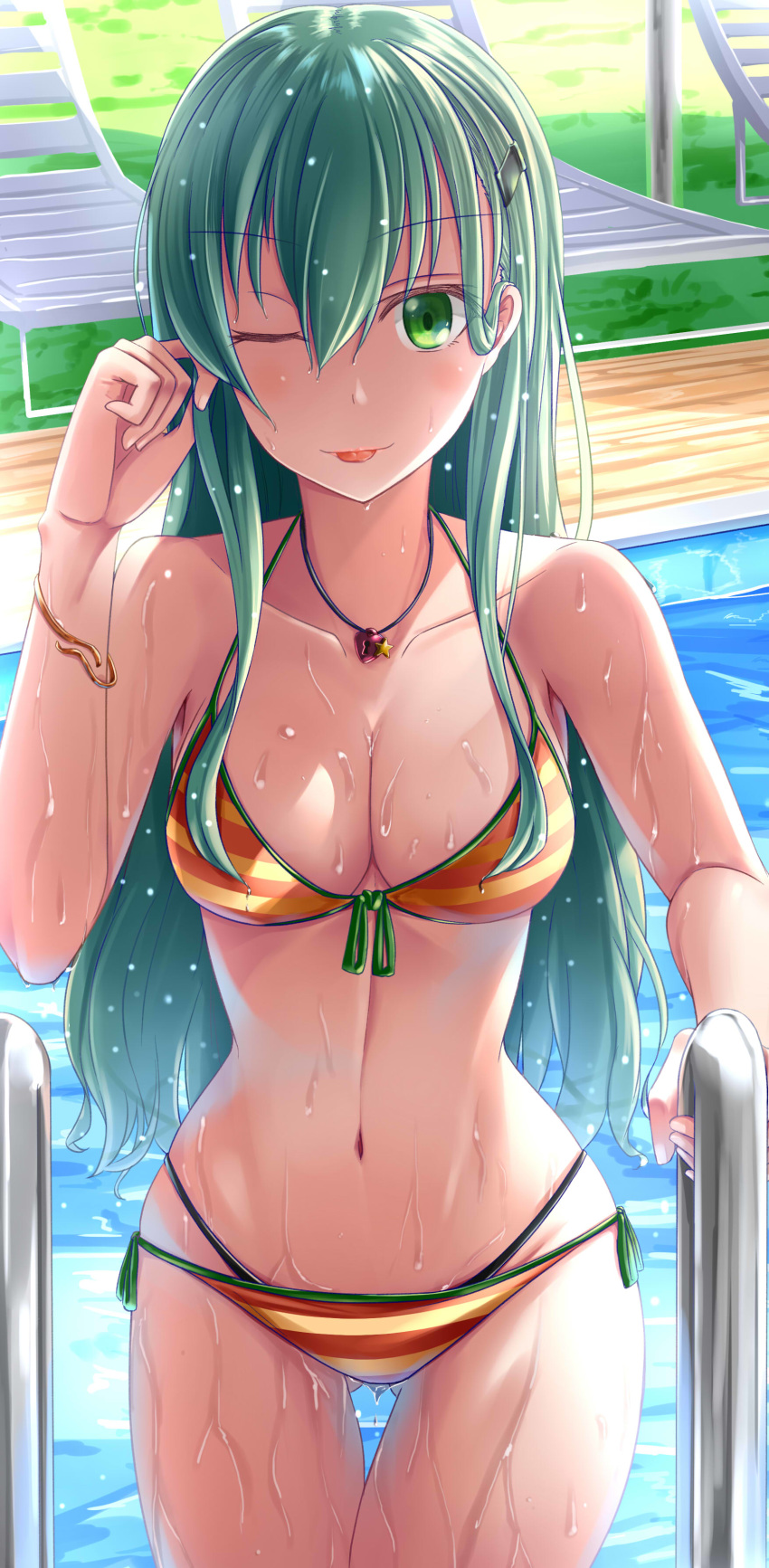 :p absurdres aqua_hair ass_visible_through_thighs ayakase_hotaru bangs bikini blush bracelet breasts chair cleavage collarbone commentary_request day eyebrows_visible_through_hair front-tie_top green_eyes hair_between_eyes hair_ornament hairclip hand_up highres jewelry kantai_collection large_breasts long_hair looking_at_viewer lounge_chair navel necklace one_eye_closed outdoors pool side-tie_bikini sidelocks smile solo stomach striped striped_bikini suzuya_(kantai_collection) swimsuit thigh_gap thighs tongue tongue_out water_drop wet