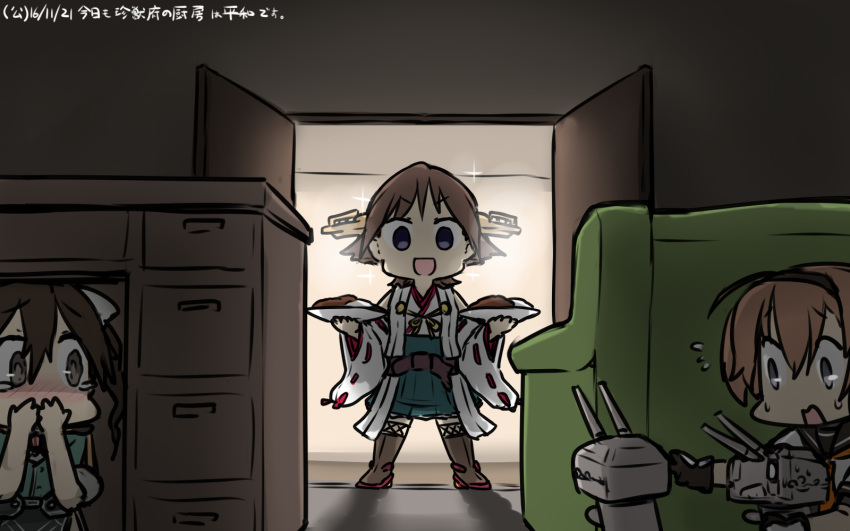:d blush braid brown_hair chou-10cm-hou-chan chou-10cm-hou-chan_(teruzuki's) commentary_request couch covering_mouth curry dated desk empty_eyes flipped_hair food grey_eyes hair_between_eyes hairband hamu_koutarou hiding hiei_(kantai_collection) highres indoors japanese_clothes kantai_collection kneeling light_brown_hair long_hair looking_at_another miniskirt multiple_girls no_legwear nontraditional_miko open_mouth plaid plaid_skirt pleated_skirt remodel_(kantai_collection) school_uniform shaded_face short_hair sitting skirt smile standing tears teruzuki_(kantai_collection) thighhighs tone_(kantai_collection) twin_braids twintails under_table v-shaped_eyebrows wavy_mouth