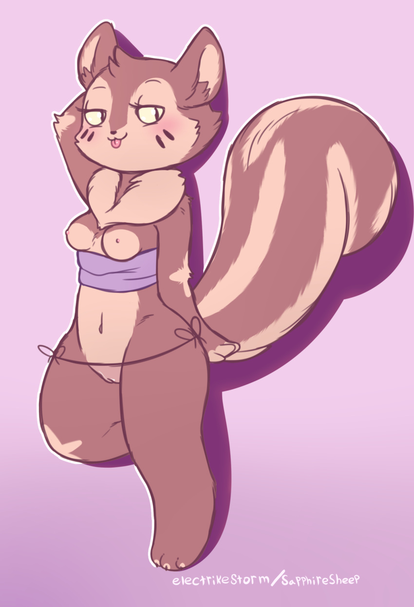 2018 anthro blep blush brandy_(lost_hope) breasts brown_fur clothing electrikestorm female fur hi_res mammal mostly_nude navel nipples pink_background pussy rodent simple_background small_breasts solo squirrel standing tan_fur tongue tongue_out translucent transparent_bottomwear transparent_clothing
