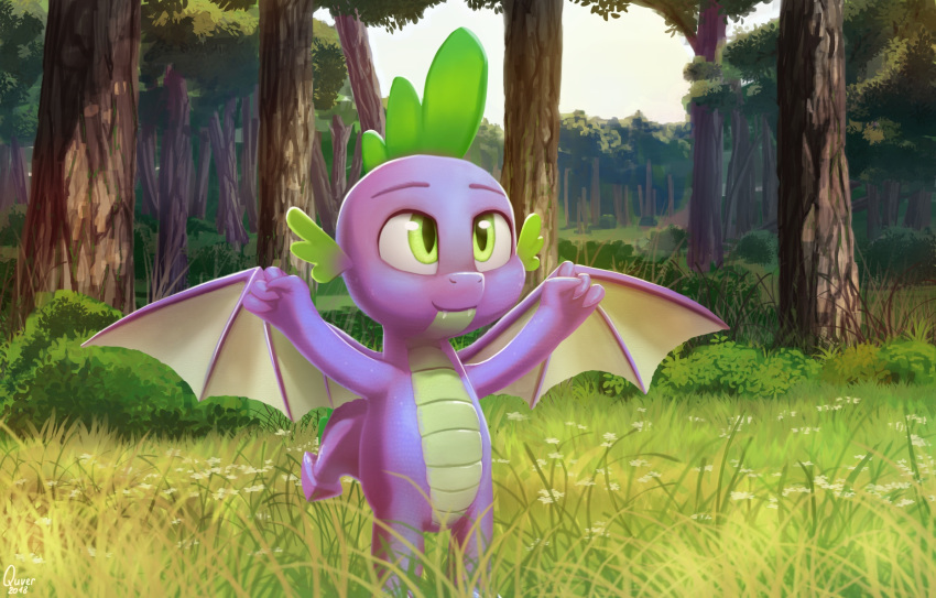 2018 ambiguous_gender anthro day detailed_background dragon friendship_is_magic grass my_little_pony quvr scalie smile solo spike_(mlp) spread_wings standing tree wings