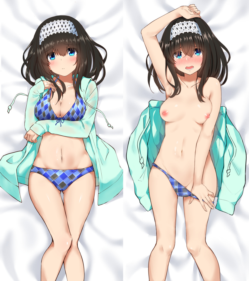 absurdres arm_up armpits bad_revision bangs bare_shoulders bikini bikini_pull black_hair blue_bikini blue_eyes blue_jacket blush breasts breasts_apart cleavage closed_mouth collarbone commentary_request dakimakura eyebrows_visible_through_hair go-1 hair_between_eyes hairband highres hips hood hoodie idolmaster idolmaster_cinderella_girls jacket large_breasts long_hair looking_at_viewer lying md5_mismatch multiple_views navel nipples on_back open_clothes open_jacket open_mouth plaid plaid_bikini sagisawa_fumika smile swimsuit thighs topless