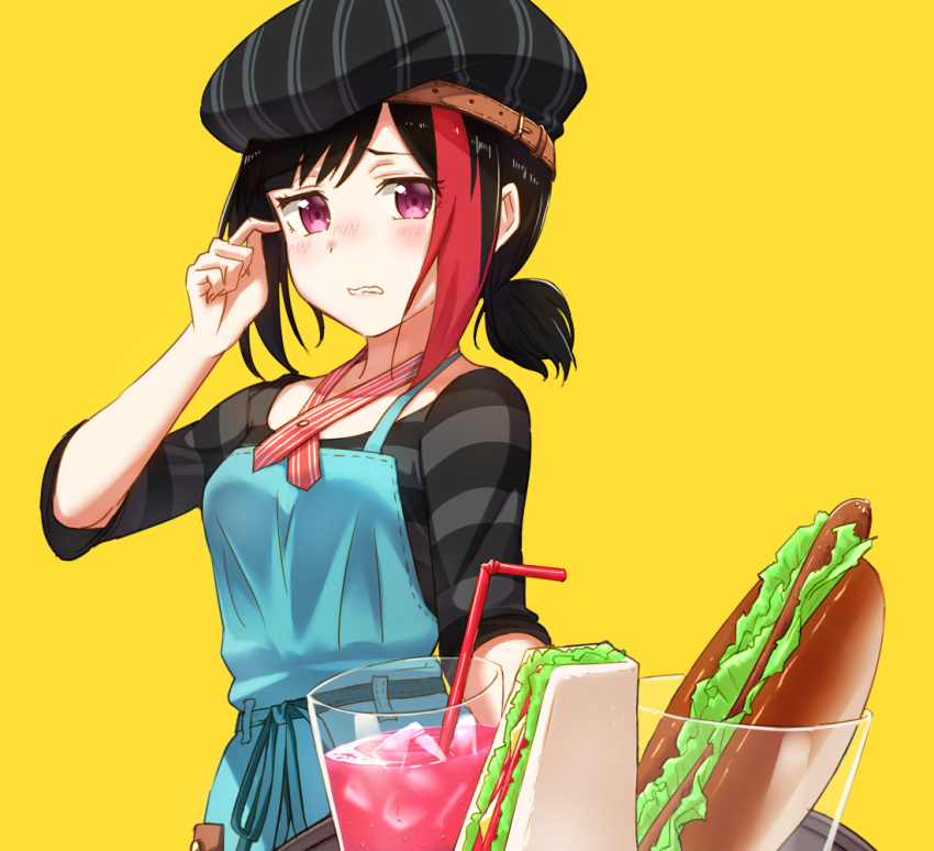 alternate_hairstyle apron bang_dream! bangs beret black_hair black_hat black_shirt blue_apron blue_ribbon blush commentary_request cup drinking_glass drinking_straw food hat hat_belt hot_dog mitake_ran multicolored_hair neckwear_request ponytail purple_eyes red_hair red_neckwear ribbon sandwich scratching_head shirt short_ponytail short_sleeves sidelocks simple_background single_strap solo streaked_hair striped striped_hat striped_neckwear striped_shirt tray tsukiman waitress wavy_mouth yellow_background