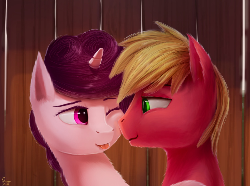 2018 big_macintosh_(mlp) digital_media_(artwork) duo earth_pony equine eye_contact female feral friendship_is_magic fur green_eyes hair horn horse male mammal my_little_pony one_eye_closed pony quvr sugar_belle_(mlp) tongue tongue_out unicorn