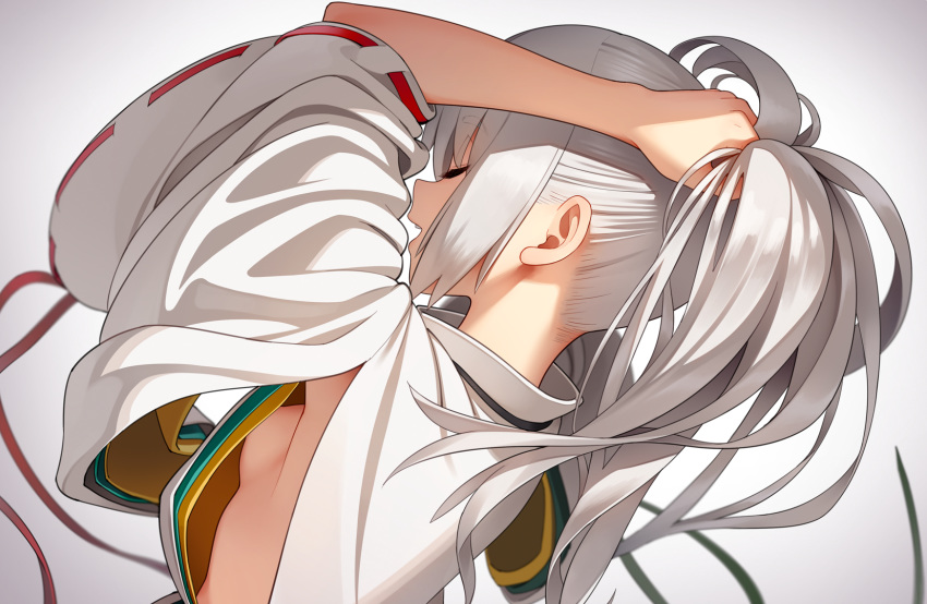 armpit_peek arms_up bangs breasts closed_eyes commentary eyebrows_visible_through_hair from_behind from_side go_robots gradient gradient_background green_ribbon grey_background highres japanese_clothes kariginu lips long_sleeves medium_hair midriff mononobe_no_futo nape no_hat no_headwear open_mouth ponytail red_ribbon ribbon ribbon-trimmed_sleeves ribbon_trim sideboob sidelocks silver_hair smile solo teeth touhou tying_hair wide_sleeves